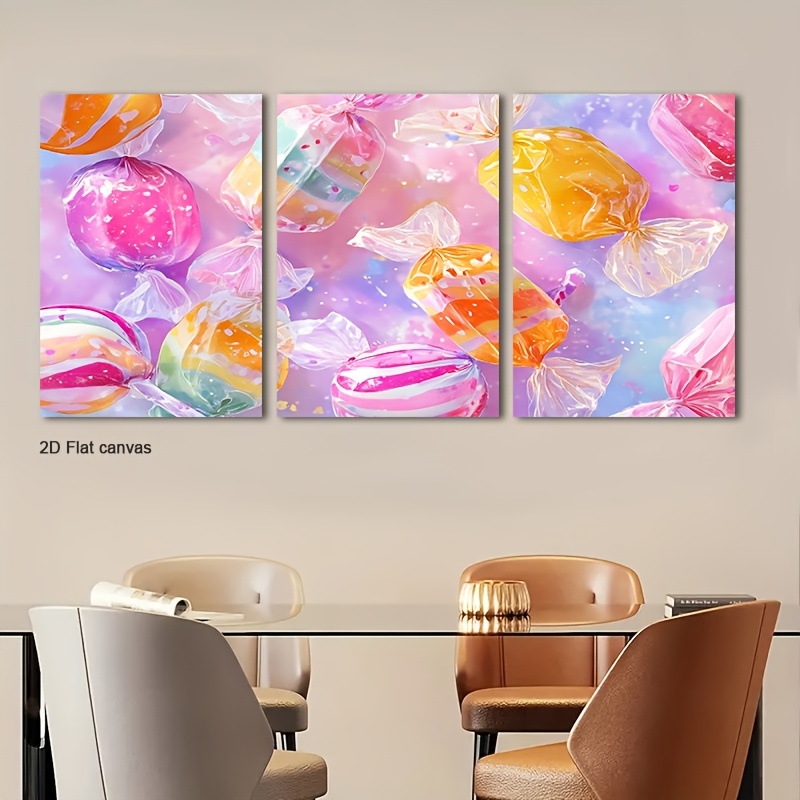 Canvas Wrap Ready - フレームレスキャンバス2Dフラット、2Dフラット、2Dフラット3枚セットのパステルカラーのキャンバスアートワーク、すぐに飾れる装飾に最適