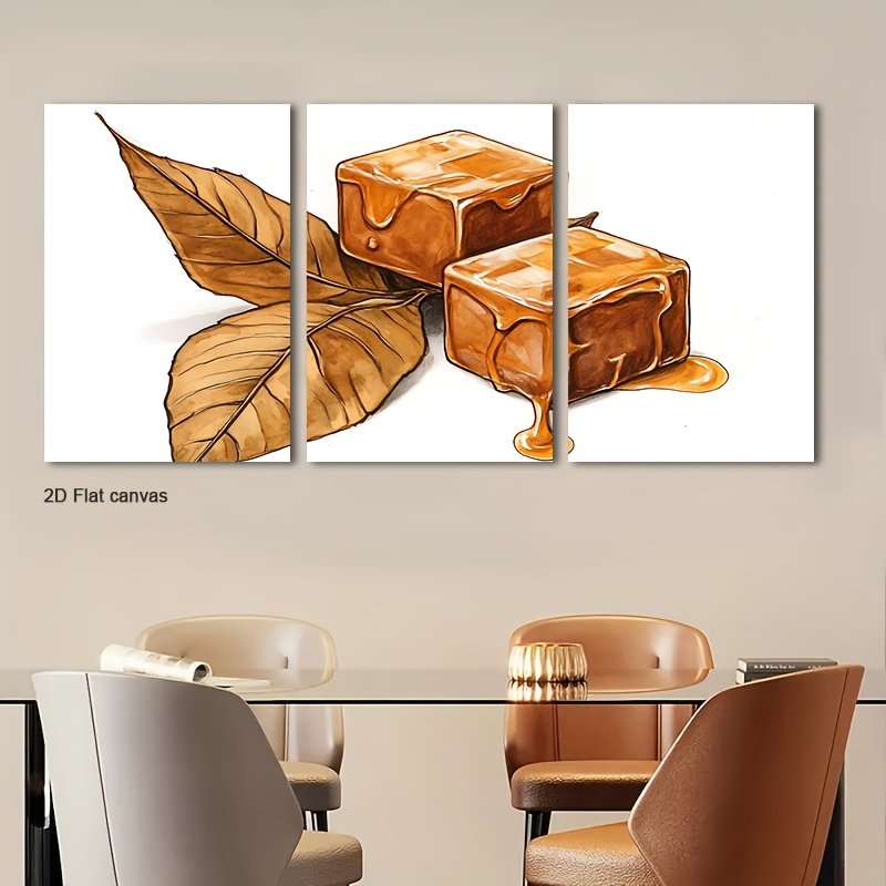 Canvas Wrap Ready - フレームレスキャンバス3枚セット モダンキャラメル＆ウォールアート - ニュートラル/キャラメルキューブ＆植物プリント、キャンバスフレーム入り、すぐに飾れます