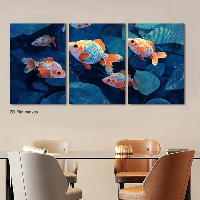Canvas Wrap Ready - フレームレスキャンバス3枚組、金魚のウォールアート - 暗い葉の水槽風絵画、キャンバスに印刷された魚の絵、すぐに飾れる