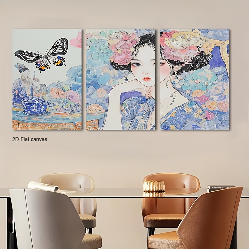 フレームレスキャンバス3枚組 花と蝶のウォールアート - エ - Canvas Wrap Ready のレビューと価格